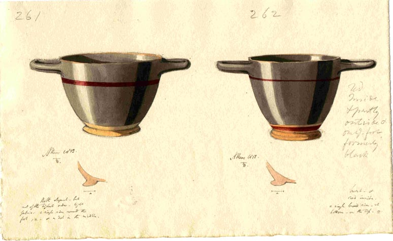 261 + 262 Two similar pots with red line under handles, Athens 1813